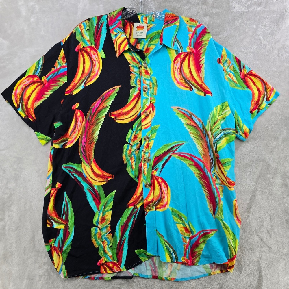 Farm Rio Button Hawaiian Shirt a Size Large Multi Banana Print Split Design